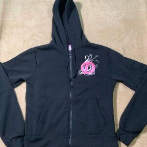Danesi Jeans Sz Small Black Jacket Pink‎ Embroidered "D" Zip Hood Pockets (E)